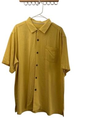 Tommy Bahama 100% Silk Short Sleeve Button Up Shirt Size LG Yellow Palm Print